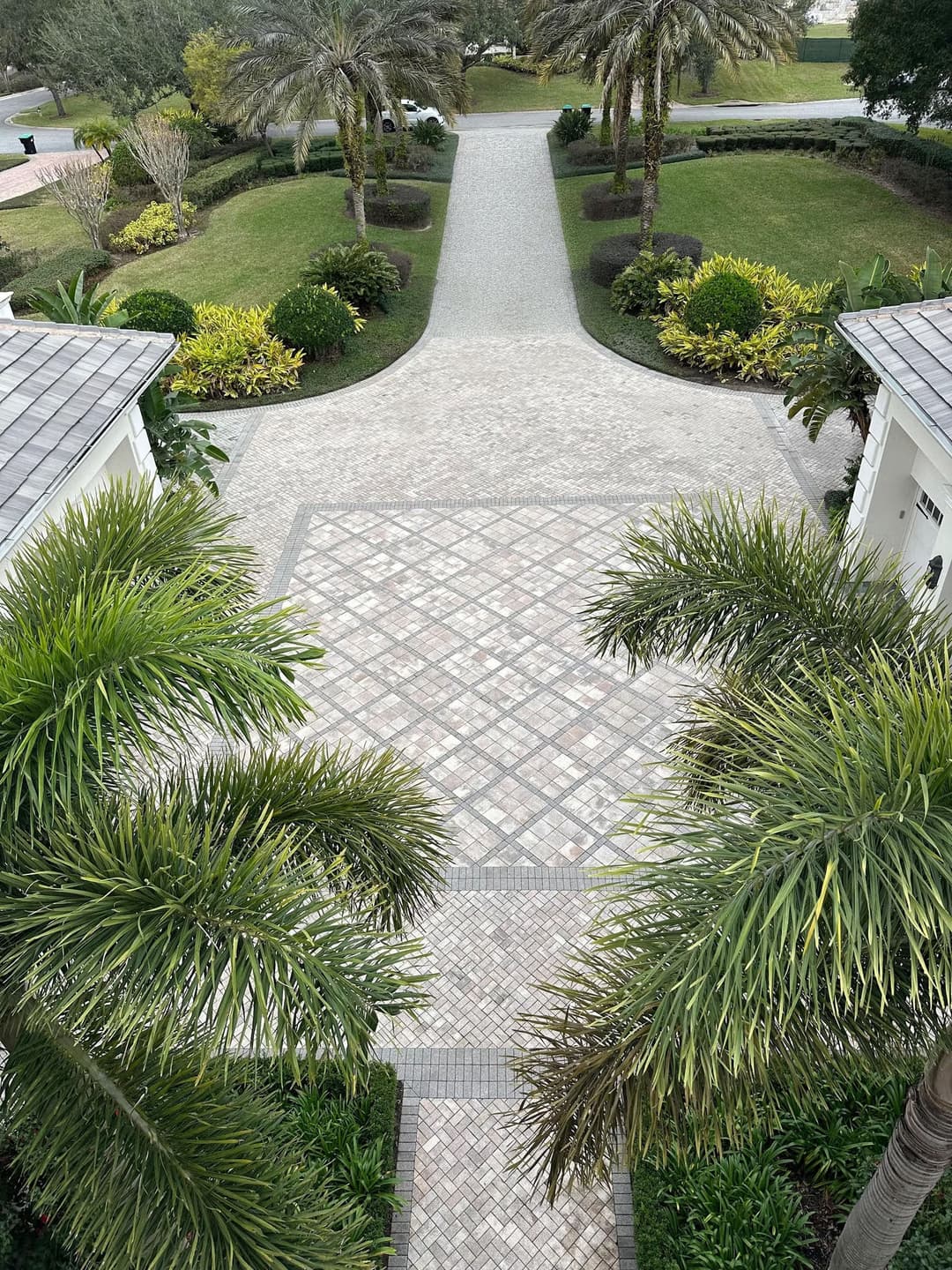 Aerial view of a landscaped driveway with palm trees and decorative pavers.